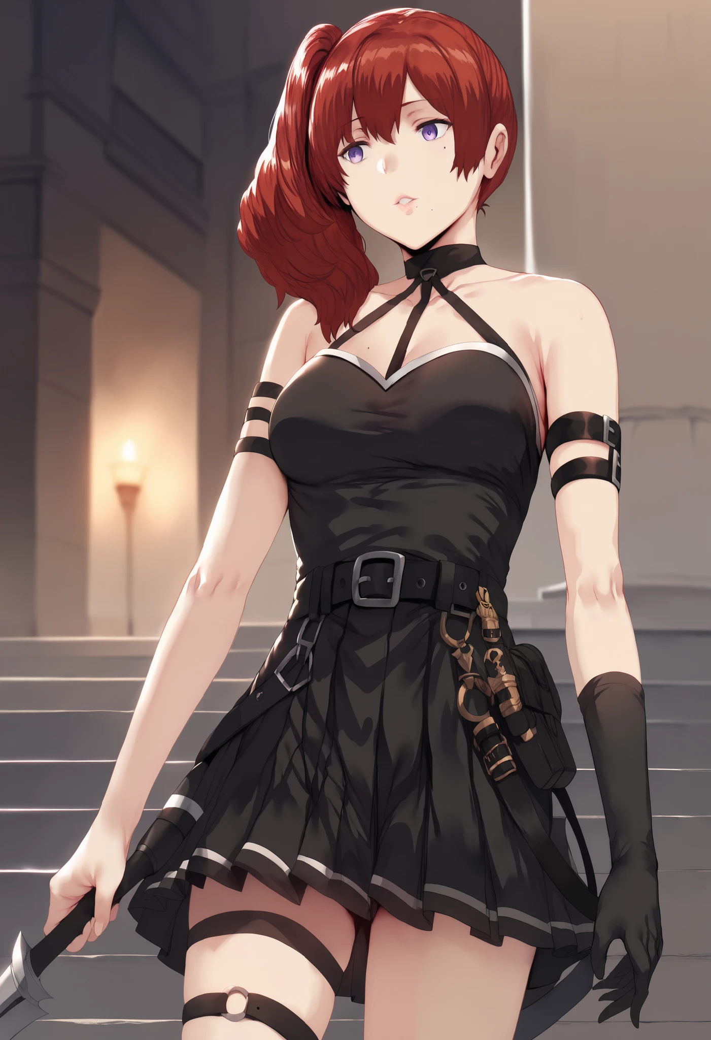 Hews style, cosplay, 1girl, solo, red hair, purple eyes, mole under lips, medium breasts, skirt, gloves, dress, bare shoulders, pleated skirt, sleeveless, black gloves, elbow gloves, belt, miniskirt, black skirt, black dress, thigh strap, sleeveless dress, halterneck, armband, single glove, black belt, pleated dress, arm strap