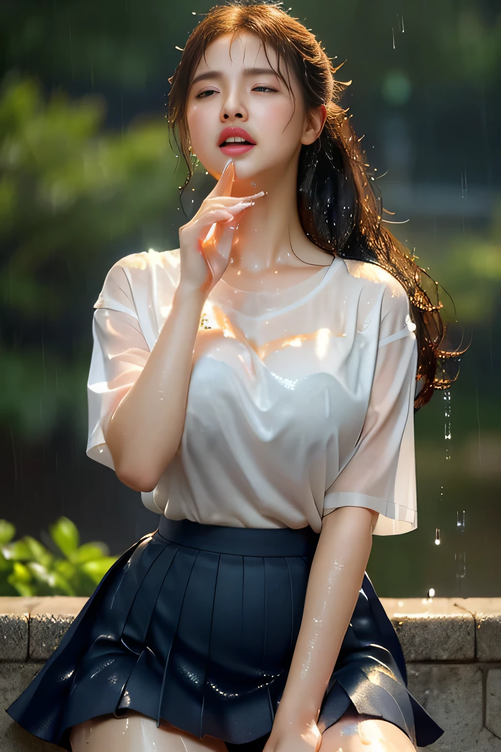 (Best quality, High quality, Best quality, Highest resolution, High resolution, Masterpiece, Detailed and realistic human body, (Photorealistic:1.46), (Sharp focus:1.2), Beautiful 17 19-year-old girl, (accurate and perfect human anatomy), (shot from the knees up: 1.46), (cute girl crying in pouring rain: 1.3), (head, face and body soaked: 1.3), (water dripping from body: 1.46), black tall ponytail, (beautiful face, detailed and perfect face, big even eyes), ample breasts, beautiful curves, glowing skin all over, fair skin, (white T-shirt transparent from rain: 1.3), (drenched navy blue purse Ritz Skirt:1.4), (stormy weather), ((pouring rain)), (schoolyard), (in the pouring rain), (girl standing in the middle of the schoolyard), (((skin soaked from head to toe in the pouring rain)), ((rain dripping from skin)), ((glow effect:1.3)), ), ((dark, rain clouds, sky full of rain clouds,)), (depth field:1.3), (((blur)),