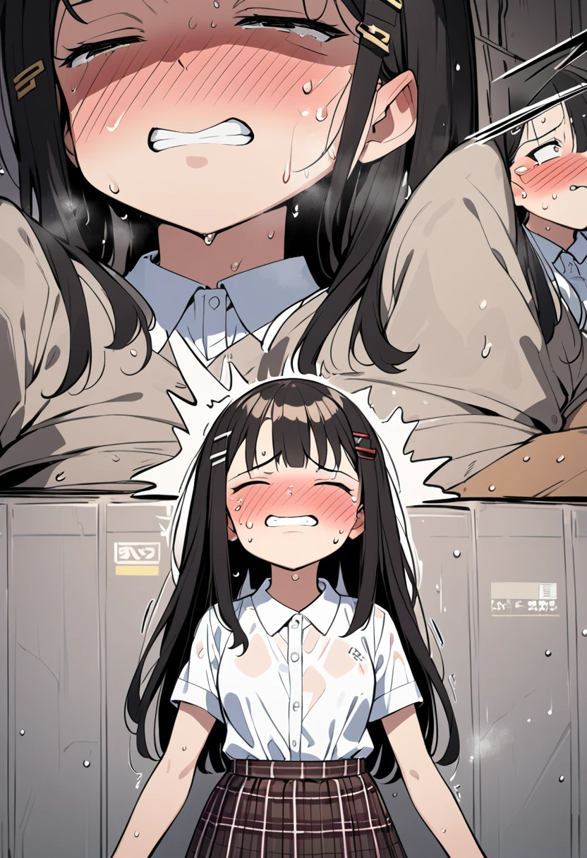 , japanese school girl,dark brown hair,at train,straight hair,black hair,hair pin,easy-going face,White shirt blouse,sweaty, plaid skirt,troubled smile, twin tail, blush、molested, anatomically correct, encoxada,arrimon,groping,chikan,1girl,head back orgasm, Through Wall Both Views