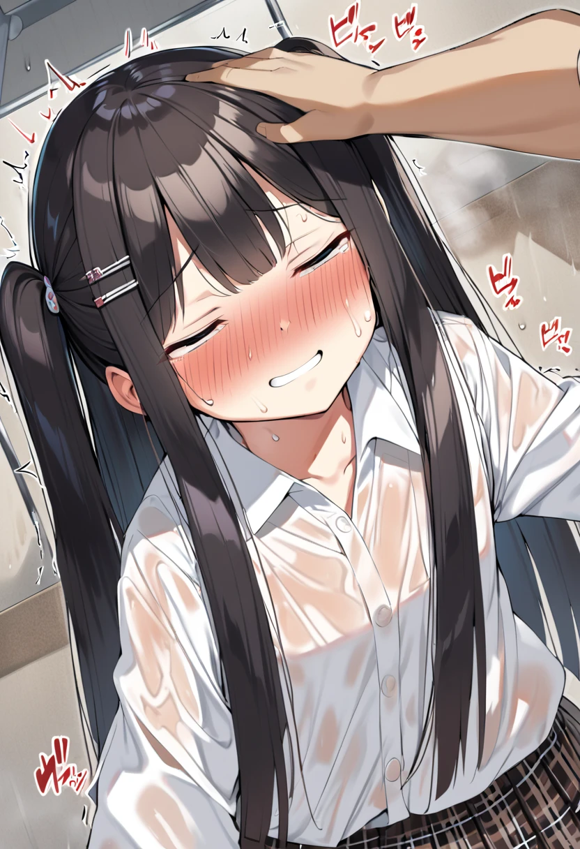 14 old, japanese school girl,dark brown hair,at train,straight hair,black hair,hair pin,easy-going face,White shirt blouse,sweaty, plaid skirt,troubled smile, twin tail, blush、molested, anatomically correct, encoxada,arrimon,groping,chikan,1girl,head back orgasm