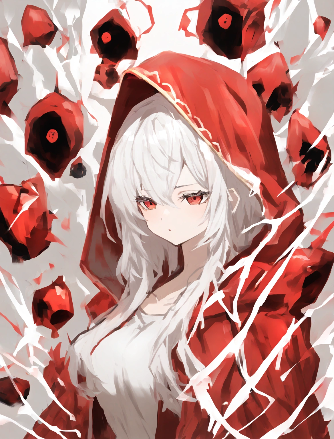 Long white hair, red hat, red eyes, big chest, wearing a red hood. 