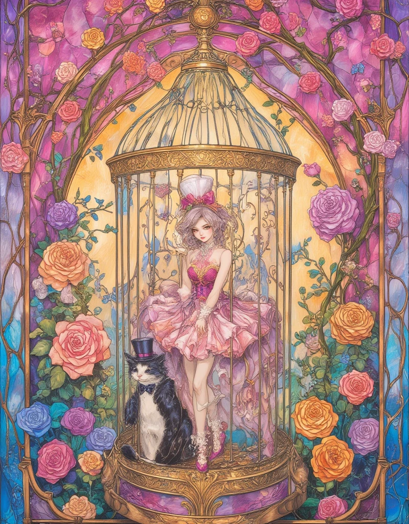 Lolita girl in a birdcage, Wearing ribbons and Lolita dresses, Colorful rose flowers, Rose vines tangled around a birdcage, Fairytale illustration. Baron the cat in a hat and tuxedo. Pastel Gradient background, "Lollipop Syndrome", mesmerizing artwork, Impressive creativity. (best quality, high resolution, masterpiece:1.2), ArsMJStyle, Stained Glass, Oil Pastels, egmid