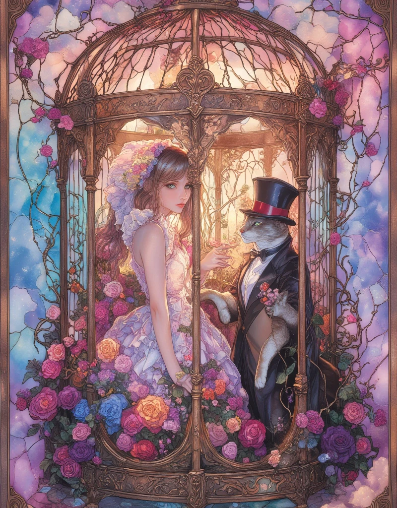 Lolita girl in a birdcage, Wearing ribbons and Lolita dresses, Colorful rose flowers, Rose vines tangled around a birdcage, Fairytale illustration. Baron the cat in a hat and tuxedo. Pastel Gradient background, "Lollipop Syndrome", mesmerizing artwork, Impressive creativity. (best quality, high resolution, masterpiece:1.2), ArsMJStyle, Stained Glass, Oil Pastels, egmid