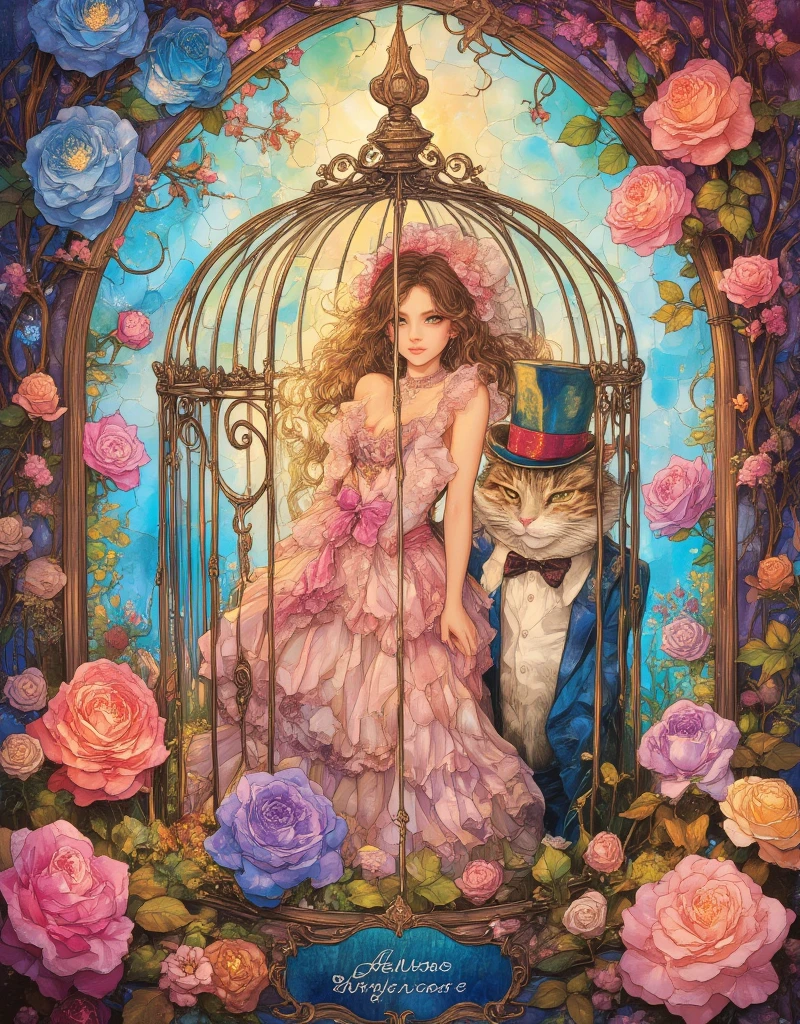 Lolita girl in a birdcage, Wearing ribbons and Lolita dresses, Colorful rose flowers, Rose vines tangled around a birdcage, Fairytale illustration. Baron the cat in a hat and tuxedo. Pastel Gradient background, "Lollipop Syndrome", mesmerizing artwork, Impressive creativity. (best quality, high resolution, masterpiece:1.2), ArsMJStyle, Stained Glass, Oil Pastels, egmid