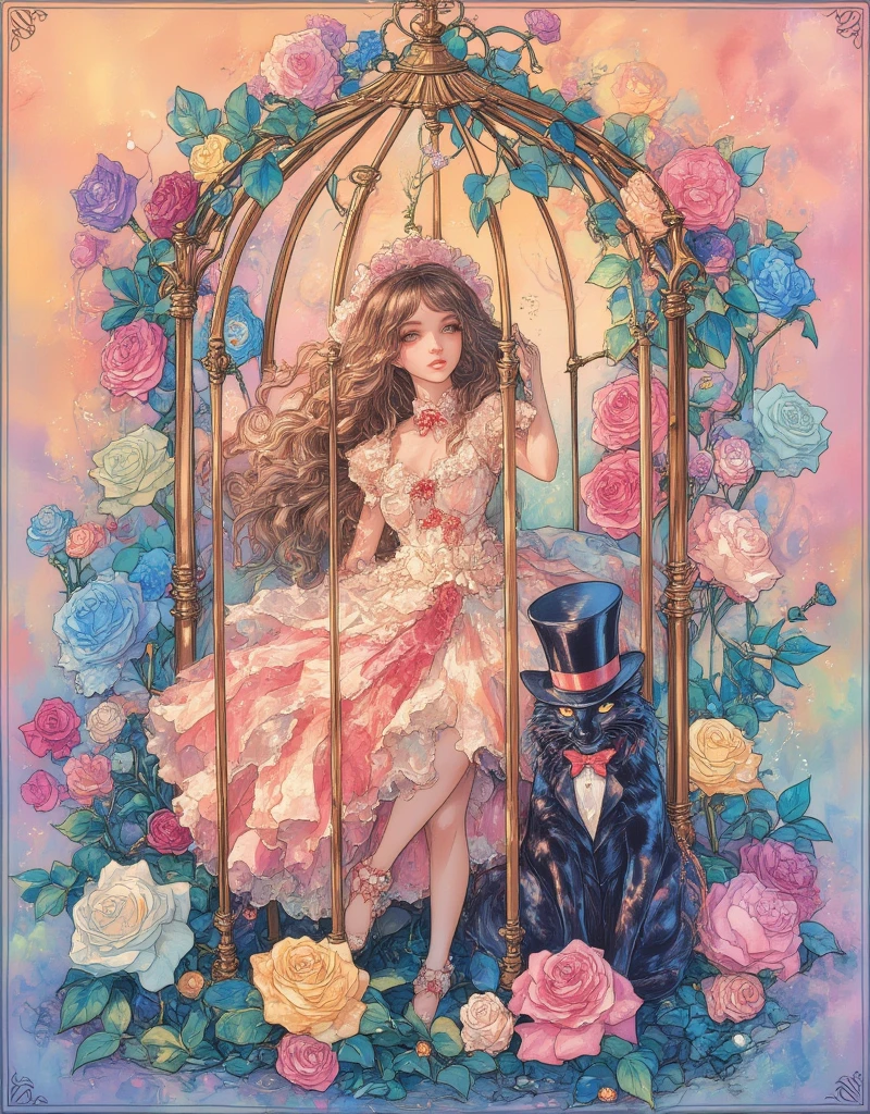 ta girl in a birdcage, Wearing ribbons and Loliresses, Colorful rose flowers, Rose vines tangled around a birdcage, Fairytale illustration. Baron the cat in a hat and tuxedo. Pastel Gradient background, "Lollipop Syndrome", mesmerizing artwork, Impressive creativity. (best quality, high resolution, masterpiece:1.2), ArsMJStyle, Stained Glass, Oil Pastels, egmid