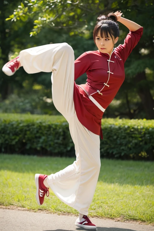 a full body portrait of a 24-year-old girl, Chinese martial art outfit, outdoor, detailed face, detailed skin, detailed environment, intricate details, photorealistic, realistic, UHD, 8K, ballerina stance,