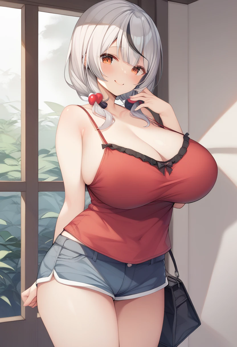 ( top quality , 8k, masterpiece),　 girl、young、Idol、1 person、 sakamata chloe, 、 hololive ,Silver Hair  , Big Breasts ,smile、 like heaven、 red cheeks 、Tanimachi's emphasis 、A rich variety of skin tones  , (  camisole ,  Shorts  :1.2) , ( huge breasts:1.3)