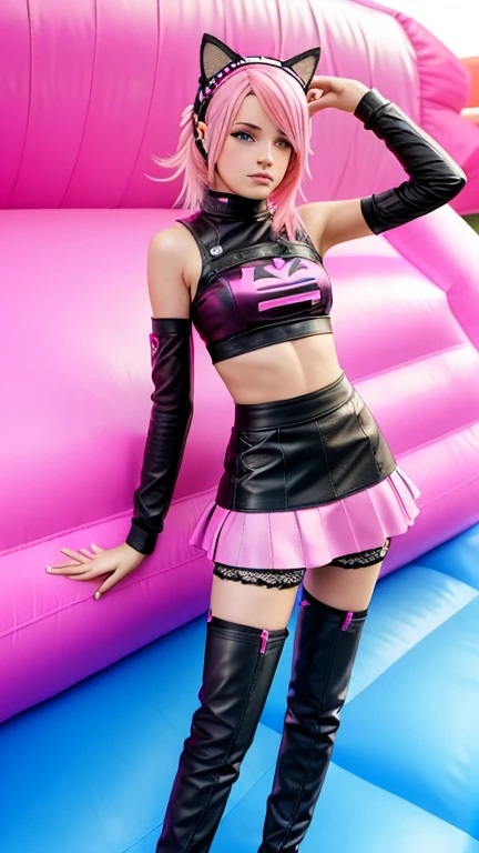  teenager with pink hair ,  slim model , pink leather korsett , tüll skirt pink ,  leather arm warmers blue,  knee-high leather boots, Cat ears, bouncy castle

