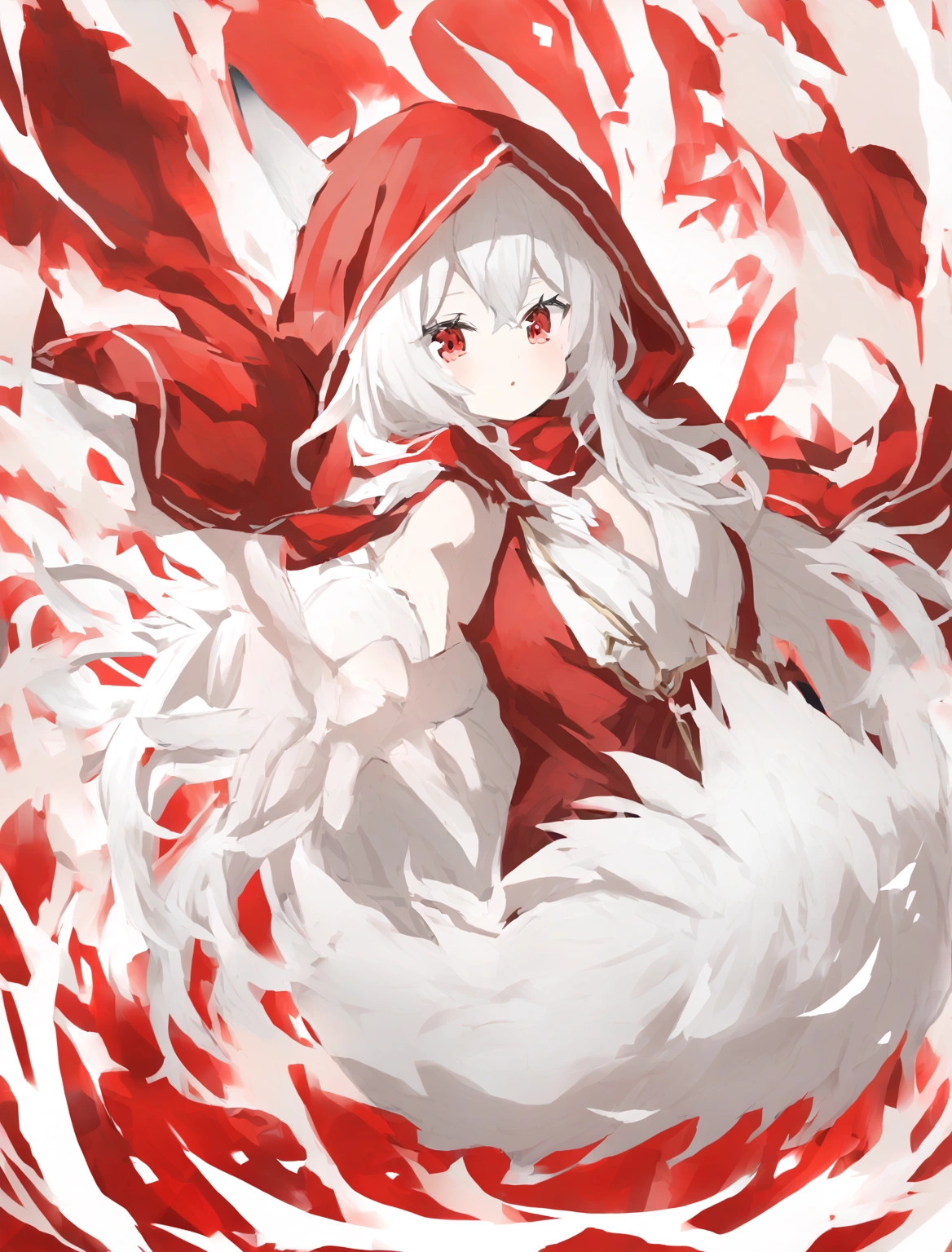 Long white hair, red hat, red eyes, big chest, wearing a red hood, has white wolf ears and a white wolf tail. 