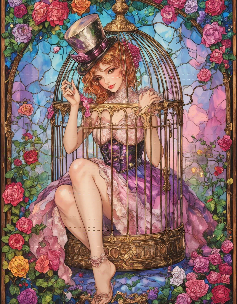 ta girl in a birdcage, Wearing ribbons and Loliresses, Colorful rose flowers, Rose vines tangled around a birdcage, Fairytale illustration. Baron the cat in a hat and tuxedo. Victorian Style, Pastel Gradient background, "Lollipop Syndrome", mesmerizing artwork, Impressive creativity. (best quality, high resolution, masterpiece:1.2), ArsMJStyle, Stained Glass, Oil Pastels, egmid