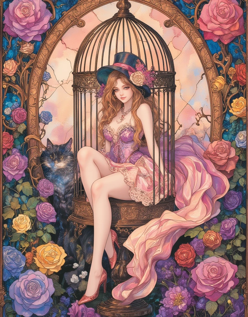 Lolita girl in a birdcage, Wearing ribbons and Lolita dresses, Colorful rose flowers, Rose vines tangled around a birdcage, Fairytale illustration. Baron the cat in a hat and tuxedo. Victorian Style, Pastel Gradient background, "Lollipop Syndrome", mesmerizing artwork, Impressive creativity. (best quality, high resolution, masterpiece:1.2), ArsMJStyle, Stained Glass, Oil Pastels, egmid