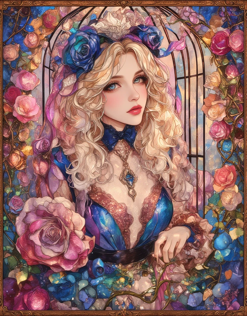 Lolita girl in a birdcage, Wearing ribbons and Lolita dresses, Colorful rose flowers, Rose vines tangled around a birdcage, Fairytale illustration. Baron the cat in a hat and tuxedo. Victorian Style, Pastel Gradient background, "Lollipop Syndrome", mesmerizing artwork, Impressive creativity. (best quality, high resolution, masterpiece:1.2), ArsMJStyle, Stained Glass, Oil Pastels, egmid