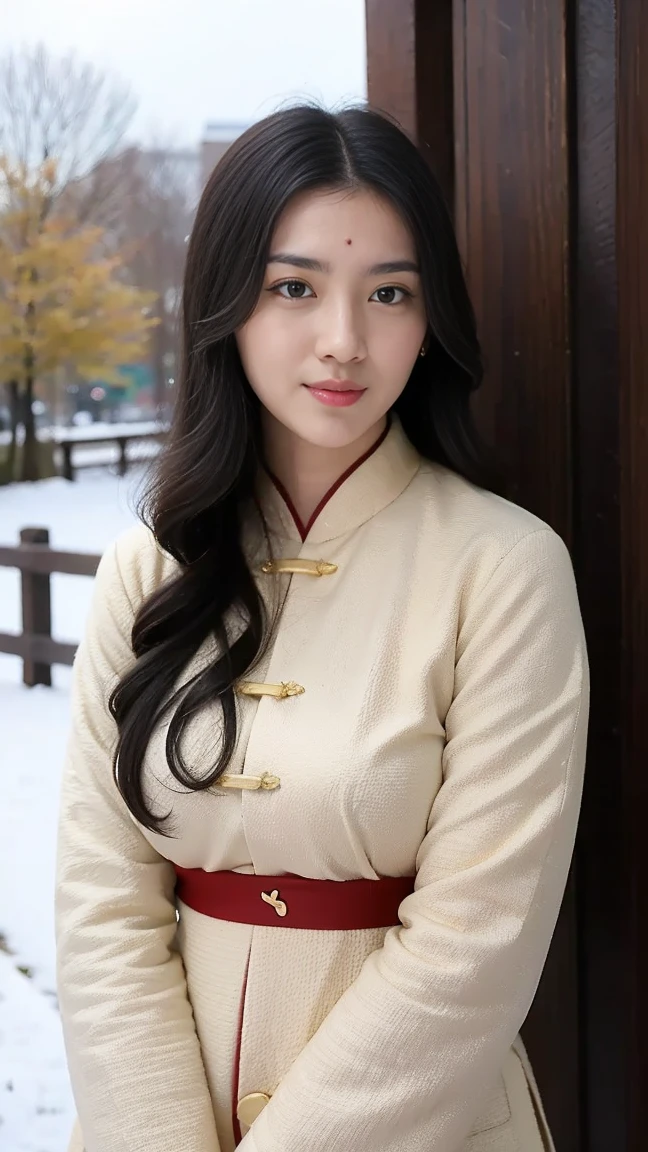 1 girl， Only_tree， brown_eyes， Black hair，wavy and long hair， build， Coat，  耳Nipple Ring，Tang dynasty Hanfu，  cparted lips，ssmile， standing on one leg，looking at viewert， exteriors， snow landscape， solo， The tree，springtime，  Bring your arms together， Ears come out，Detailed_eyes， face in golden proportions， The body of the golden ratio，huge tit， best qualtiy，hyper HD，By bangs，facing at the camera，The body is centered