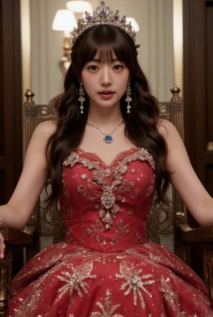 1 girl,beautiful korean girl,long wavy hair , wearing red Queen uniform,diamond embellishment on uniform, studio lighting, , dslr, soft lighting, high quality, light reflections,natural makeup, pale skin, detailed skin, beauty spots, skin fuzz,(full body: 1.3),legs,luxury room,front view,sitting on throne,bare shoulder,queen crown,big blue diamond necklace,diamond accessories,