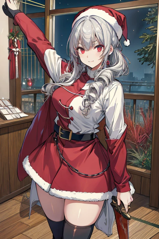 (1girl, silver hair, long hair, evil red eyes, crazy eyes, crazy smile:1.5, ), (santa clothes, santa hat, black tights, santa boots), (((holding ominous japanese sword ))), ((battlescene,slashilg,killing the mafia,blood splash)), (indoor, party room, christmas party), ((masterpiece:1.5)), ((best quality:1.5)), (ultra-detailed:1.5), (cinematic lighting, cinematic posing), 