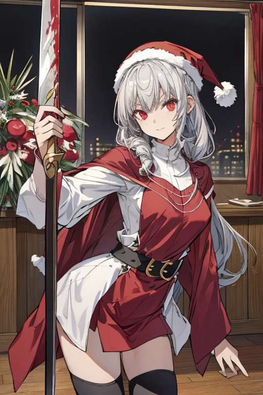 (1girl, silver hair, long hair, evil red eyes, crazy eyes, crazy smile:1.5, ), (santa clothes, santa hat, black tights, santa boots), (((holding ominous japanese sword ))), ((battlescene,slashilg,killing the mafia,blood splash)), (indoor, party room, christmas party), ((masterpiece:1.5)), ((best quality:1.5)), (ultra-detailed:1.5), (cinematic lighting, cinematic posing), 