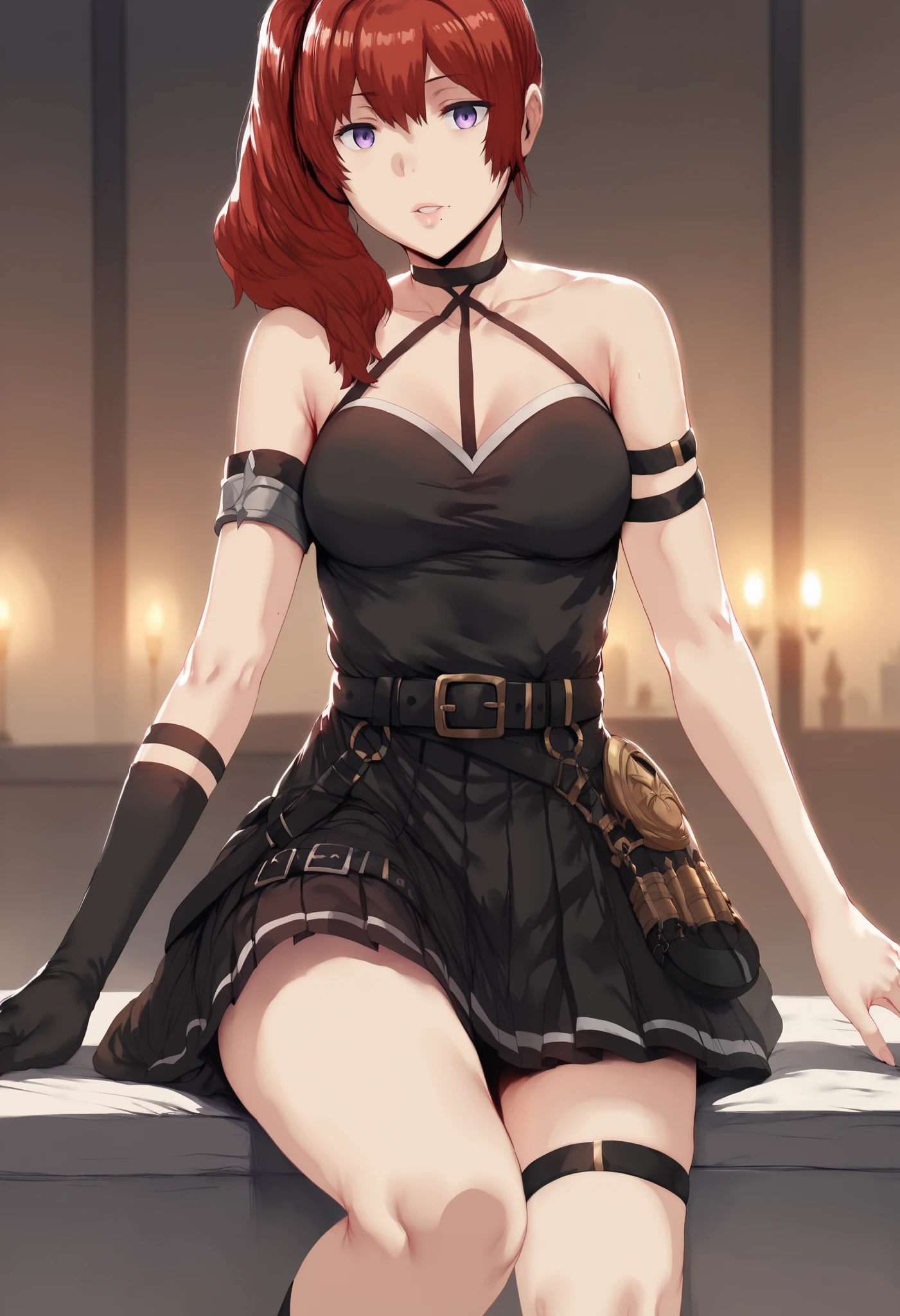 Hews style, cosplay, 1girl, solo, red hair, purple eyes, mole under lips, medium breasts, skirt, gloves, dress, bare shoulders, pleated skirt, sleeveless, black gloves, elbow gloves, belt, miniskirt, black skirt, black dress, thigh strap, sleeveless dress, halterneck, armband, single glove, black belt, pleated dress, arm strap