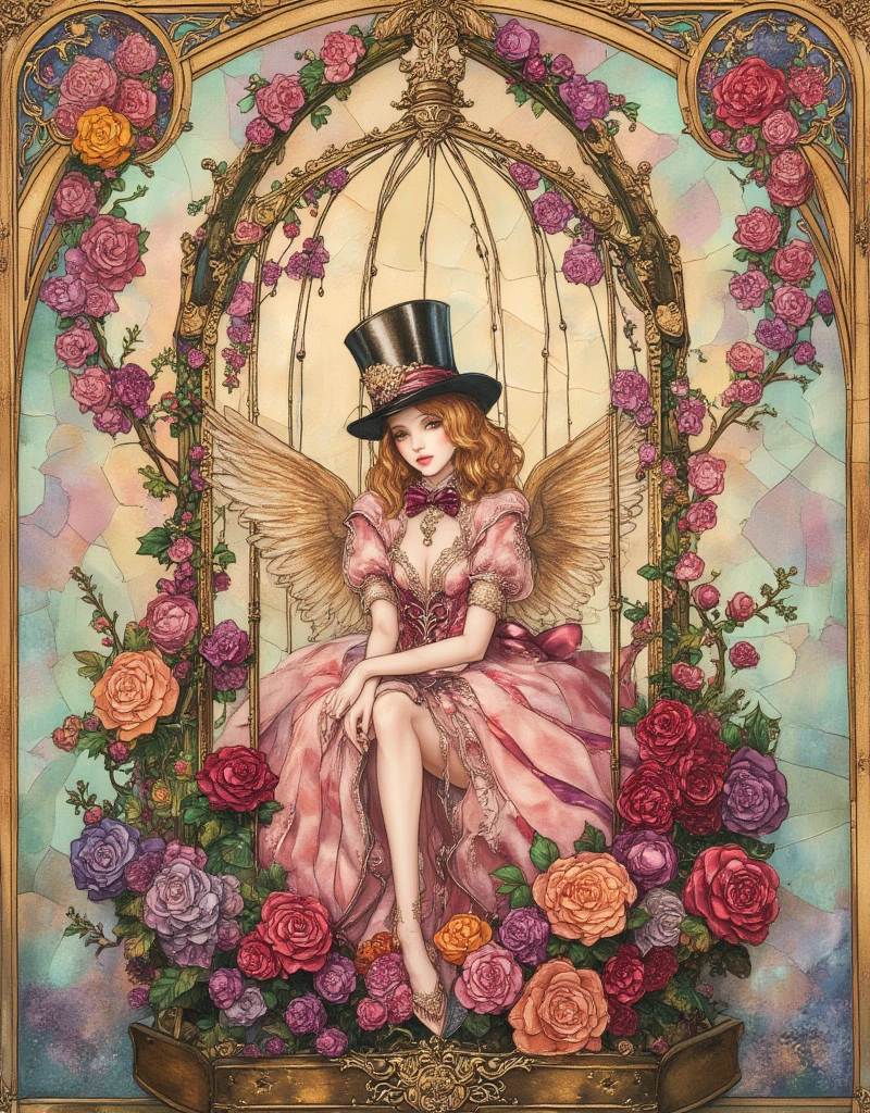 Lolita girl in a birdcage, Wearing ribbons and Lolita dresses, Colorful rose flowers, Rose vines tangled around a birdcage, Fairytale illustration. Baron the cat in a hat and tuxedo. Victorian Style, Pastel Gradient background, "Lollipop Syndrome", mesmerizing artwork, Impressive creativity. (best quality, high resolution, masterpiece:1.2), ArsMJStyle, Stained Glass, Oil Pastels, Ukiyo-e style by Hokusai