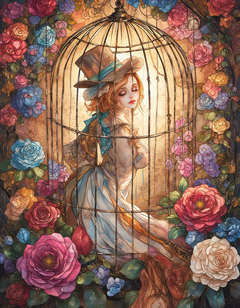 Lolita girl in a birdcage, Wearing ribbons and Lolita dresses, Colorful rose flowers, Rose vines tangled around a birdcage, Fairytale illustration. Baron the cat in a hat and tuxedo. Victorian Style, Pastel Gradient background, "Lollipop Syndrome", mesmerizing artwork, Impressive creativity. (best quality, high resolution, masterpiece:1.2), ArsMJStyle, Stained Glass, Oil Pastels, Ukiyo-e style by Hokusai