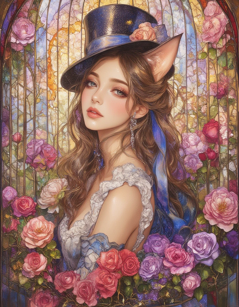 Lolita girl in a birdcage, Wearing ribbons and Lolita dresses, Colorful rose flowers, Rose vines tangled around a birdcage, Fairytale illustration. Baron the cat in a hat and tuxedo. Victorian Style, Pastel Gradient background, "Lollipop Syndrome", mesmerizing artwork, Impressive creativity. (best quality, high resolution, masterpiece:1.2), ArsMJStyle, Stained Glass, Oil Pastels, Ukiyo-e style by Hokusai