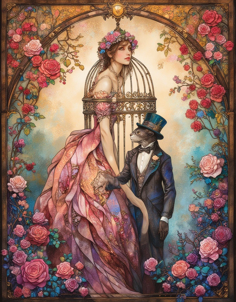 Lolita girl in a birdcage, Wearing ribbons and Lolita dresses, Colorful rose flowers, Rose vines tangled around a birdcage, Fairytale illustration. Baron the cat in a hat and tuxedo. Victorian Style, Pastel Gradient background, "Lollipop Syndrome", mesmerizing artwork, Impressive creativity. (best quality, high resolution, masterpiece:1.2), ArsMJStyle, Stained Glass, Oil Pastels, Ukiyo-e style by Hokusai