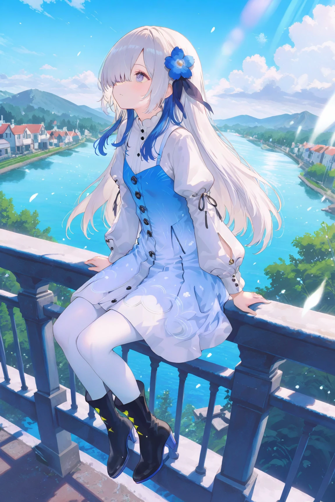 1girl,solo,isekai joucho\(kamitsubaki studio\),virtual youtuber,hair over one eye,hair ornament,multicolored hair,white hair,long hair,hair flower,flower,two-tone hair,white blue two-tone dress,blue white gradient dress,puffy long sleeves,white pantyhose,high heel boots,aroused,cinematic lighting,dynamic angle,looking afar,against railing,railing,burry background,bokeh,outdoor,cherry blossom,riverside,masterpiece,best quality,amazing quality,very aesthetic absurdres