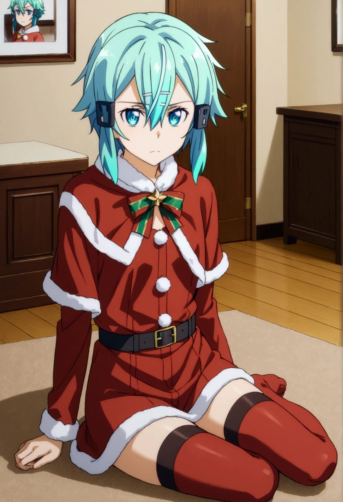 shino asada, hair between eyes, short hair, sidelocks, blue eyes, aqua hair, hair clip, hair ornament, santa cosplay, Santa thighhighs, Sit, Room, Displeased face, Beautiful view, good atmosphere,