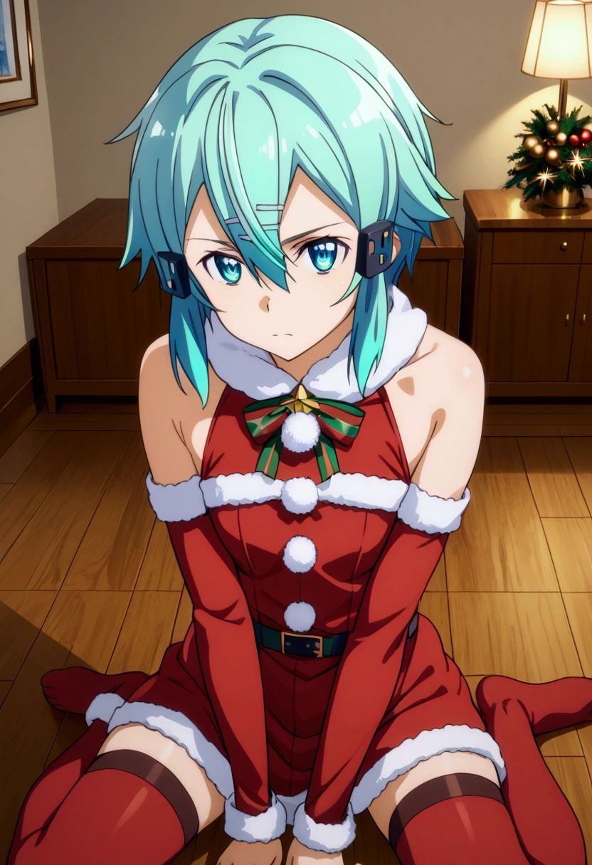 shino asada, hair between eyes, short hair, sidelocks, blue eyes, aqua hair, hair clip, hair ornament, santa cosplay, Santa thighhighs, Sit, Room, Displeased face, Beautiful view, good atmosphere,