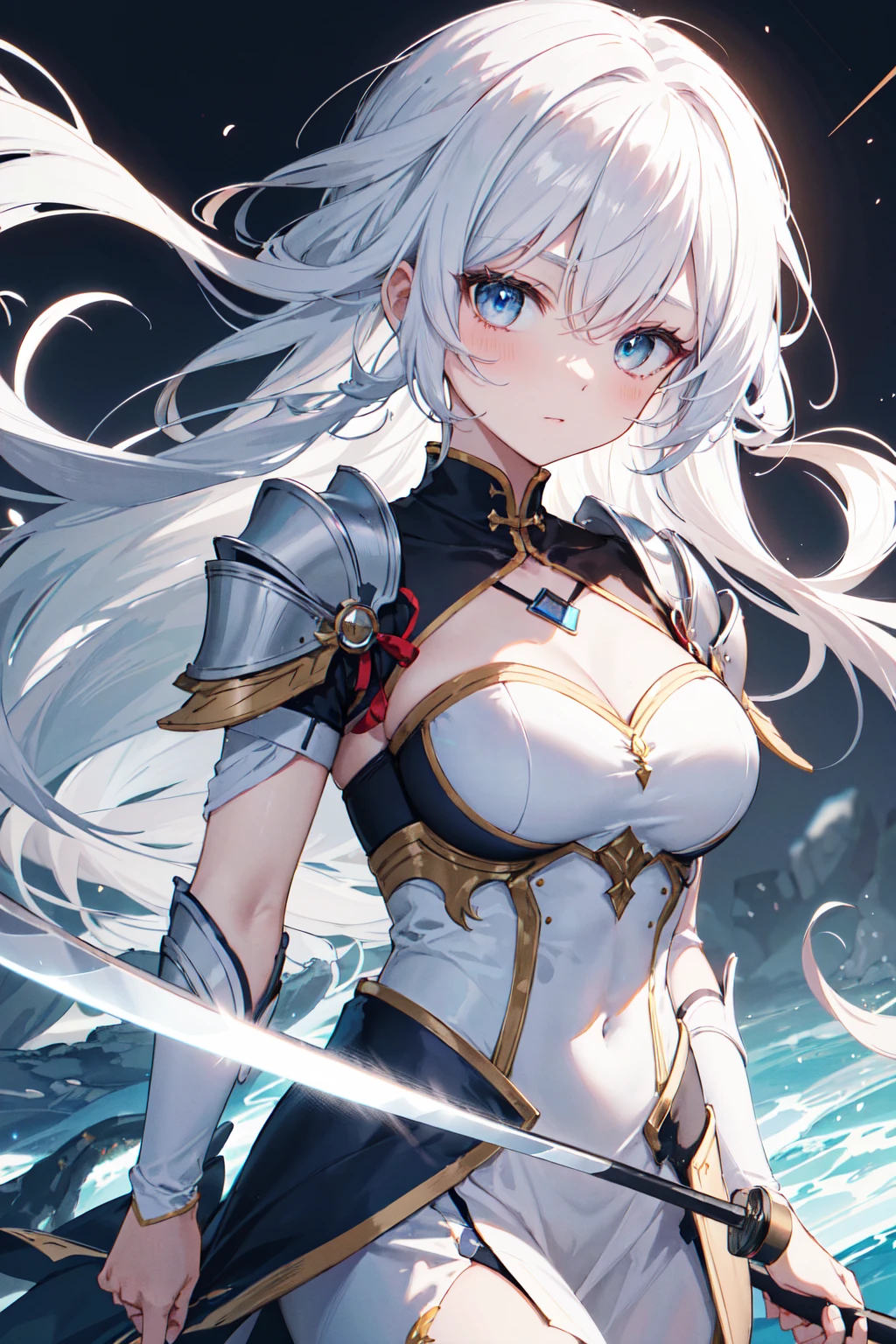 (She has cat ears:1.3),(Sky Eyes 1.3),(Face Focus:1.3), (Murderous ghosts:1.3),(Gentle face:1.3),(long white hair:1.3), hair messy, (Eye color is orange:1.3), (perfectly detailed eyes:1.3),(She cuts detailed squash:1.3),Dynamic Angle,Her skin is pale,(White and blue priestess costume:1.3),(Transverse breasts:1.7),(Dual-wielding combat pose:1.3),(The red glowing samurai sword:1.3),(Sword shining in blue lightning:1.3),She has a samurai sword,dual-wielding,Unleash the Blade of Light,(Colossal tits:1.3),(Chest zoom:1.3),watermelons,Highest Quality, Raise the railgun, ((sanpaku))(Pubic hair shows through)), (Blue glowing thunder sword:1.3),(Fiery Red Sword:1.3),Countless blades glowing blue,Lens Flare, Big rainbow,The moon shines,Star chips, bloom, ((light glow)), chromatic abberation], Digital Painting, Insane details, Intricate details, Beautifully color graded, Unreal Engine, Cinematic , colour grading, Editorial Photography , Photography, Kiss Shot, Canon 5D Camera Photography,Shot on 70mm lens, Depth of subject, ultra sharpness, nffsw, octane, Unreal, Dramatic light, Global Illumination,Motion Picture Film,rainbow,lensflare,(Rainbow Moon Wave Art:1.3),(Sengoku:1.3),(Agfacolor:1.3),(close portrait:1.3),(Feminine:1.4),(Beautiful:1.4),(Attractive:1.3),Move an angle,Themed Background,