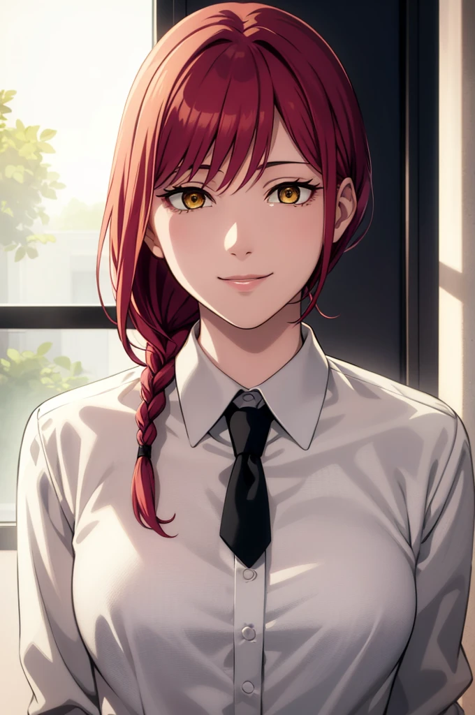 Makima with the face of Margot Robbie (chain saw man), Best Quality, ultra-detailliert, 1girl in, Solo, Standing, Red hair, Long braided hair, Golden Eyes, Bangs, very small pointed chest, White shirt, tie, Look, Smile, (in bad: 1.2), Looking at the viewer, (interview: 1.3), (Dark background, chains: 1.3), From above, sharp contrast, Beautiful detailed eyes, Focus, Close Up Shot,crouching down