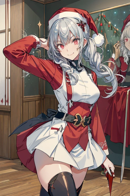 (from below:1.2),((1girl, silver hair, long hair, evil red eyes, crazy eyes, crazy smile:1.5, ), (santa clothes, santa hat, black tights, santa boots), (((holding ominous japanese sword ))), ((battlescene,slashilg,killing the mafia,blood splash)), (indoor, party room, christmas party), ((masterpiece:1.5)), ((best quality:1.5)), (ultra-detailed:1.5), (cinematic lighting, cinematic posing), (with sparkling eyes and a contagious smile),her thin pubic hair:1.2, looking at viewer