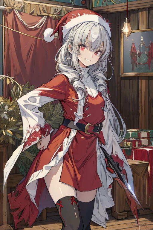 (from below:1.2),((1girl, silver hair, long hair, evil red eyes, crazy eyes, crazy smile:1.5, ), (santa clothes, santa hat, black tights, santa boots), (((holding ominous japanese sword ))), ((battlescene,slashilg,killing the mafia,blood splash)), (indoor, party room, christmas party), ((masterpiece:1.5)), ((best quality:1.5)), (ultra-detailed:1.5), (cinematic lighting, cinematic posing), (with sparkling eyes and a contagious smile),her thin pubic hair:1.2, looking at viewer