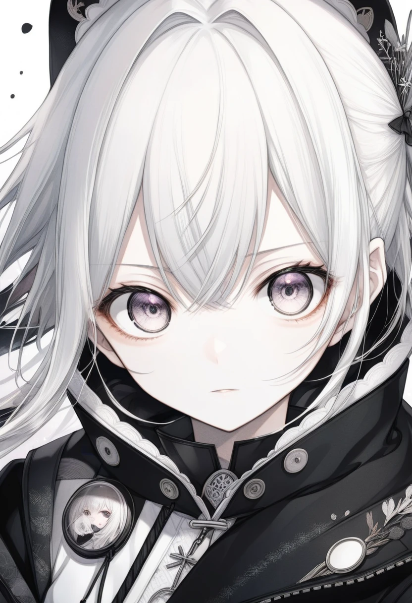 anime, a girl with white hair and a black jacket, extremely cute anime girl face, anime visual of a cute girl, girl with short white hair, ( ( ( yoshinari yoh ) ) ), & her expression is solemn, pin on anime, ( ( misa amane # ) ), gapmoe yandere, black and white manga style