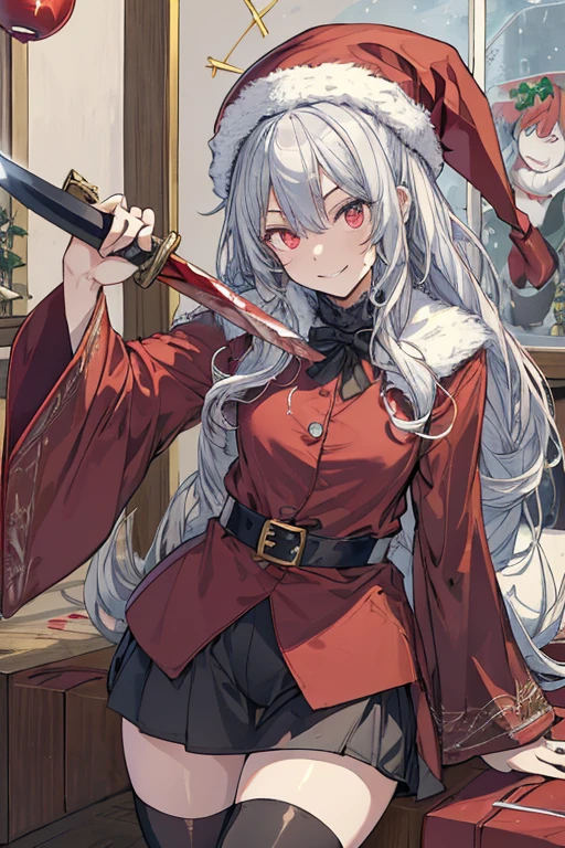 (from below:1.2),((1girl, silver hair, long hair, evil red eyes, crazy eyes, crazy smile:1.5, ), (santa clothes, santa hat, black tights, santa boots), (((holding ominous japanese sword ))), ((battlescene,slashilg,killing the mafia,blood splash)), (indoor, party room, christmas party), ((masterpiece:1.5)), ((best quality:1.5)), (ultra-detailed:1.5), (cinematic lighting, cinematic posing), (with sparkling eyes and a contagious smile),her thin pubic hair:1.2, looking at viewer