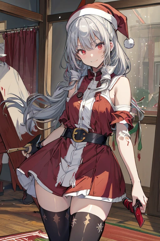 (from below:1.2),((1girl, silver hair, long hair, evil red eyes, crazy eyes, crazy smile:1.5, ), (santa clothes, santa hat, black tights, santa boots), (((holding ominous japanese sword ))), ((battlescene,slashilg,killing the mafia,blood splash)), (indoor, party room, christmas party), ((masterpiece:1.5)), ((best quality:1.5)), (ultra-detailed:1.5), (cinematic lighting, cinematic posing), (with sparkling eyes and a contagious smile),her thin pubic hair:1.2, looking at viewer