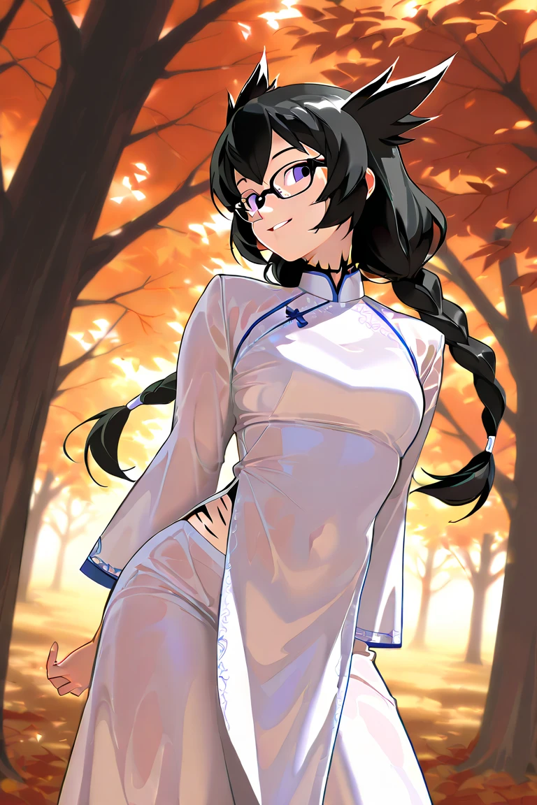 a influenser wearing Ao Dai comes in best autumn leaves season in Tokyo,(sfw), autumn but hot sunny day clear blue sky,
shining skin, perfect quality, high quality, masterpiece, skin texture, detailed skin, realistic skin,

18yo girl, Throwing the yellow and red leaves,
smile
side body rest on tree(solo), anime style (cute) round (adorable face) (thick wet lip)
she is looks like arare-chan in real life
(correct gingko tree stem unique rough surface:1.3),
many of tall gingko trees and less maple trees
short round chin (yellow iris), soft shadow on face make her beauty, face profile. tilt head, P:
(standing contrapposto) twisting upper body,
perfect realistic skin, saggy medium breasts,
almost no trancerucency of ao dai,

simple background in the park of Japan, under huge gingkotree, Shiba kouen, Tokyo tower on back ground lergesize on screen
leaves of gingko on the ground, falling gingko leaves flying on wind,
(hard diffused spotlighting from diagonally
behind:0.7),
dutch_angle, 
(girl covered with dark shadow of trees:1.3)
(low contrast on skin, low brightness on skin:1.3)
(low highlight on skin:1.3 )(scope of eyes to 2 nipples in the frame),
looking at viewer,
narrow sloping shoulders
long glossy black hair very long pigtails twin braid wearing glasses 3part of bangs, 
(oily skin:0.7) (low contrast on skin, low brightness on skin:1.3)
(traditional cutting silky long sleeves white ao dai with white glitter embroidery around fore body),
raglan sleeve ao dai
her right side open design
skin of side belly, white silky long pants as set of ao dai,
pelvic curtain slightly floating by zephyr,
from below, (side portrait:1.3),autumn grass, red maple leaves far away,
set white balance as 5600k on middle tone of skin
under knee out of the frame,
volumetric shadow on breasts, zephyr on fore and back pelvic curtains of ao dai,
various mesmerize posing
(sharp lines:1.3)
various colors of ao dai for matching with the background
fur muffler on her neck Fluttering in the wind
zPDXL3