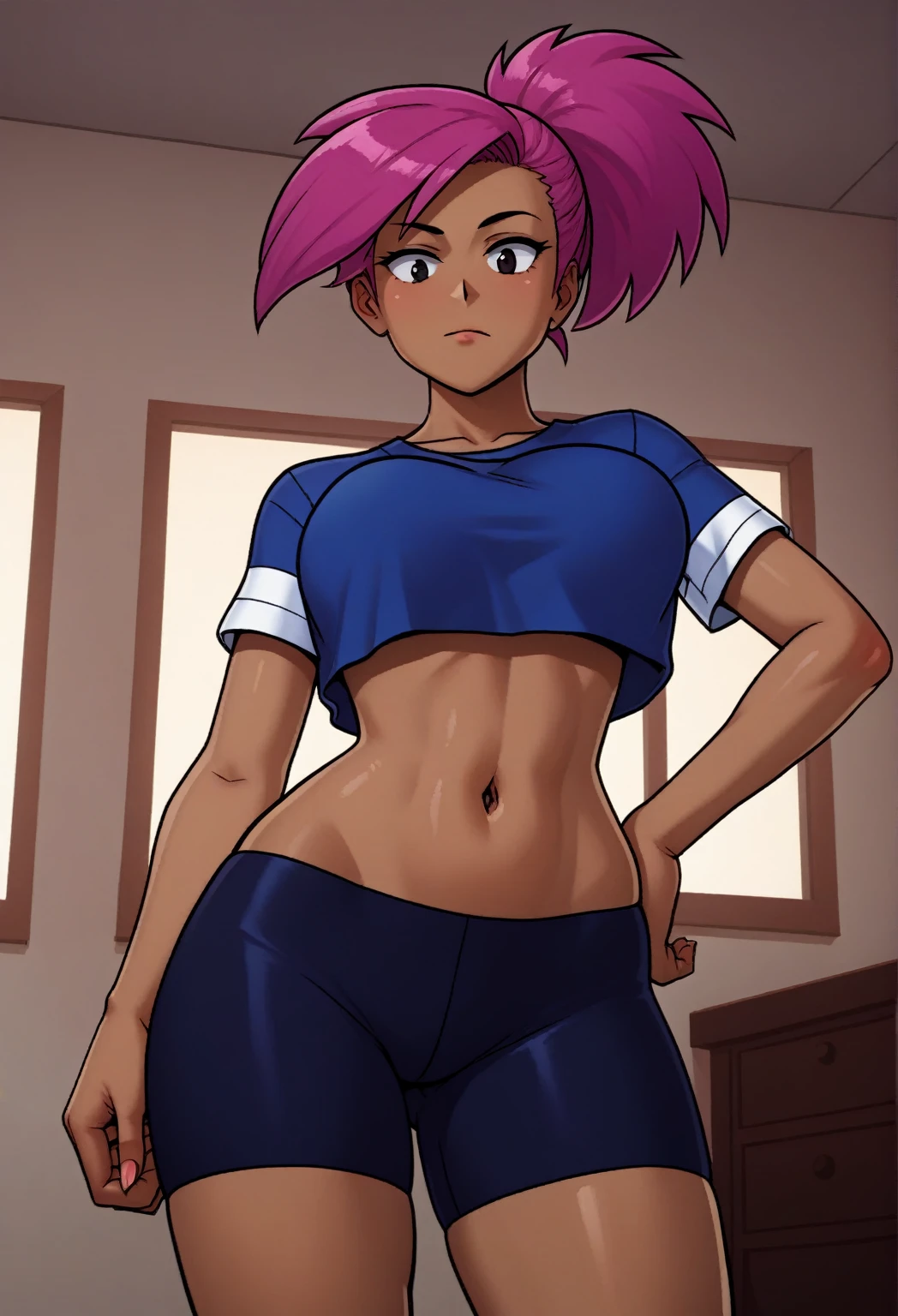 score_9, score_8_up, score_7_up, score_9,4k, HD, 8k, highres, antialiasing, detailed, texture, perspective, cinematic lighting,  enidSDXL, 1girl, solo, ponytail, short hair, large breasts,  blue shirt, navel, cowboy shot,  pink hair, purple hair, dark skin, shorts, midriff, black eyes, crop top, hand on hip, bike shorts, wide hips, room, 