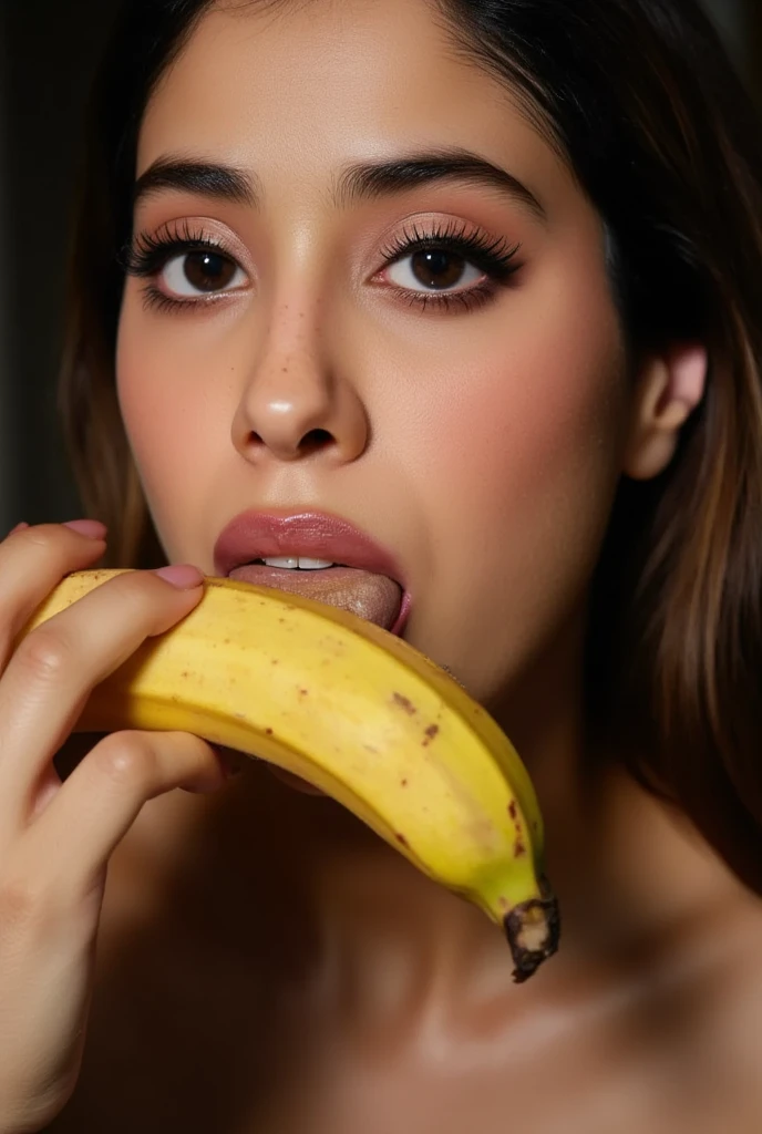 A woman eating a large banana, detailed facial features, beautiful eyes, lush lips, photorealistic, high resolution, 8k, hyperdetailed, studio lighting, dramatic chiaroscuro, cinematic, moody lighting, dramatic shadows, rich colors, vibrant, oil painting, masterpiece, intricate details, hyperrealistic, beautiful girl , The white cum (sperm) on face