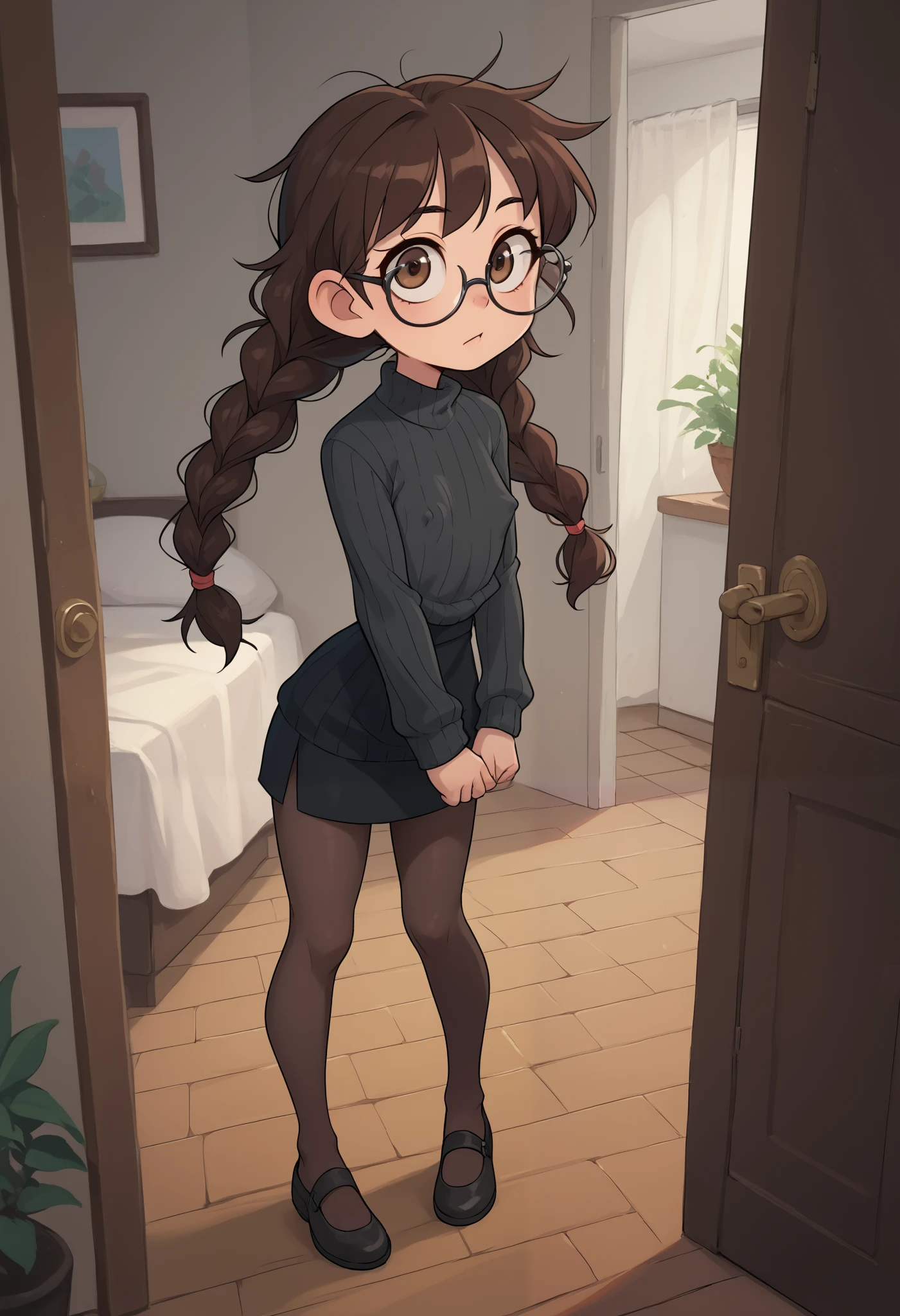 girl, young, full body, (solo 0.6), dark brown hair, braids, twintails, messy braids, puffy hair, messy hair, very long hair, brown eyes, skinny body, slender body, thin waist, flat chest, indoors, (solid black sweater 0.9), black sweater, tight sweater, solid black skirt, black clothing, medium length skirt, knee length skirt, black pantyhose, glasses, opening door, suspicious face, pov, looking up at you, big eyes, (large erect nipple bulge) , cute, (tight shirt)