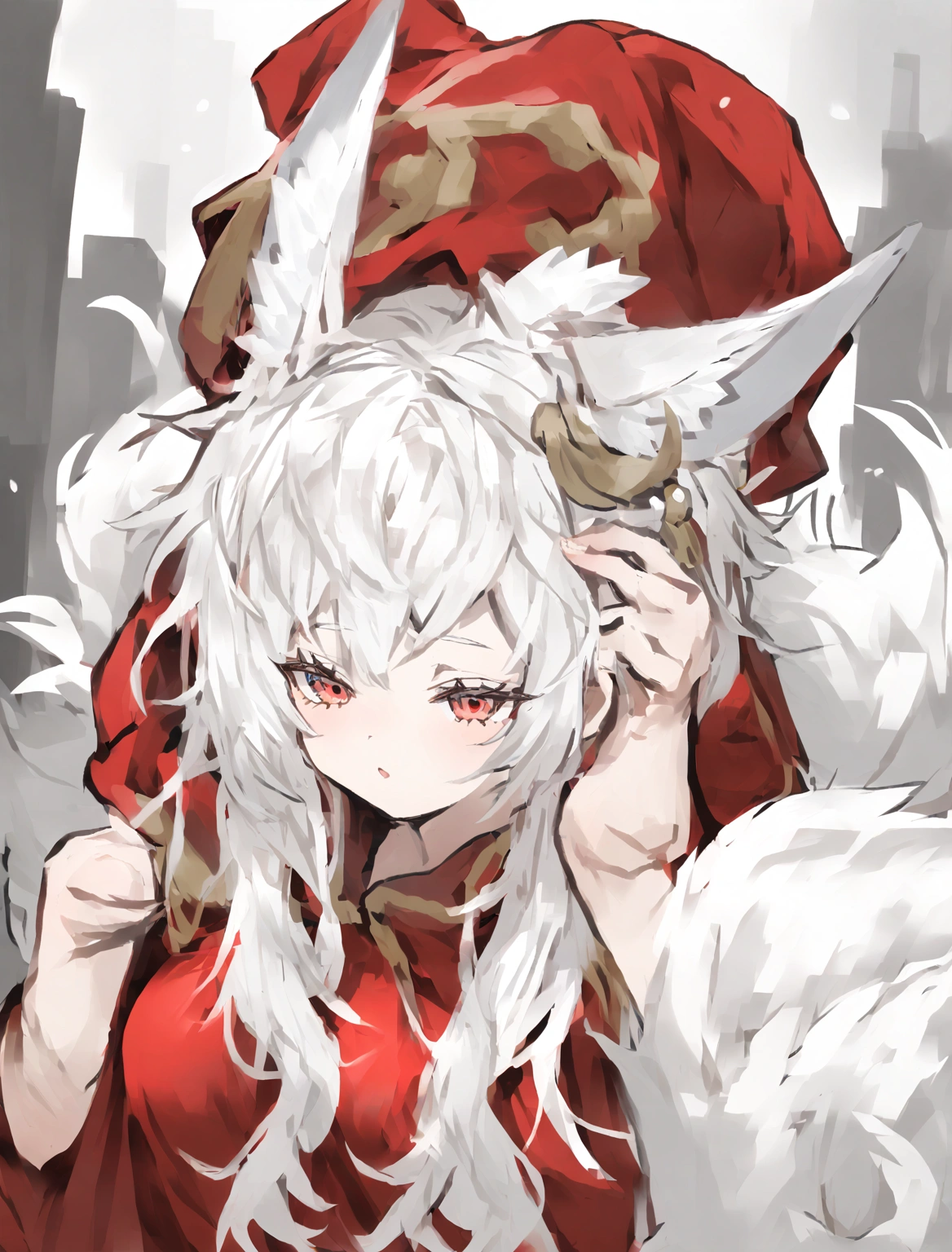 Long white hair, red hat, red eyes, big chest, wearing a red hood, white wolf ears on the head and a white wolf tail. 