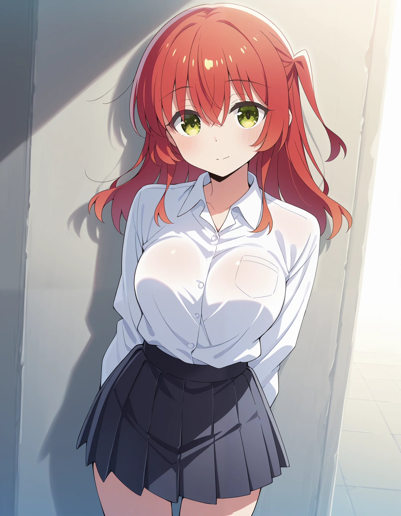 Top Quality Masterpiece High Resolution Kita Ikuyo Red Haired Beautiful Girl Big Breasts White Shirt Pleated Skirt Miniskirt Collared Shirt Glamour Dele Dele Melo Melo Student Solo Junior Moderate Breasts