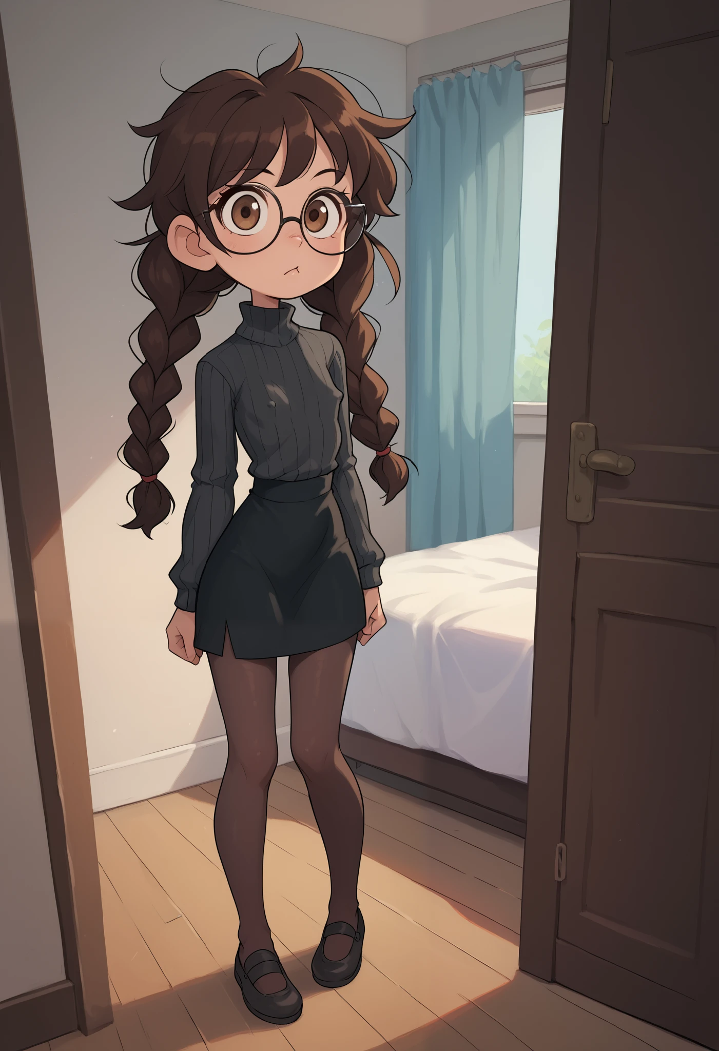 girl, young, full body, (solo 0.6), dark brown hair, braids, twintails, messy braids, puffy hair, messy hair, very long hair, brown eyes, skinny body, slender body, thin waist, flat chest, indoors, (solid black sweater 0.9), black sweater, tight sweater, solid black skirt, black clothing, medium length skirt, knee length skirt, black pantyhose, glasses, opening door, suspicious face, pov, looking up at you, big eyes, (large erect nipple bulge) , cute, (tight shirt)