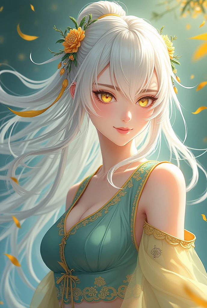 official art, masterpiece, sharp focus, (beautiful gorgeous woman:1.3), (Elegant Lady:1.3), korean beauty, Delicate and beautiful hair and eyes and face, realistic, ultra detailed, beautiful girl, blue sky, glow white particle, (sidelighting:1.2), sun light, white cloud, detailed clouds, slender, Lovely very large breasts and very large hips, smile with teeth, ((smile with eyes, open both eyes)), scenery, long straight hair, sexy facial expression, building, (landscape:1.7), dynamic hair, long straight hair, detailed white hair, glow yellow eyes, ( Chinese HuXuan Dancer), Silk, Silk Road, pale skin, upper body, looking at viewer, golden hair ornament, epic scenery,
