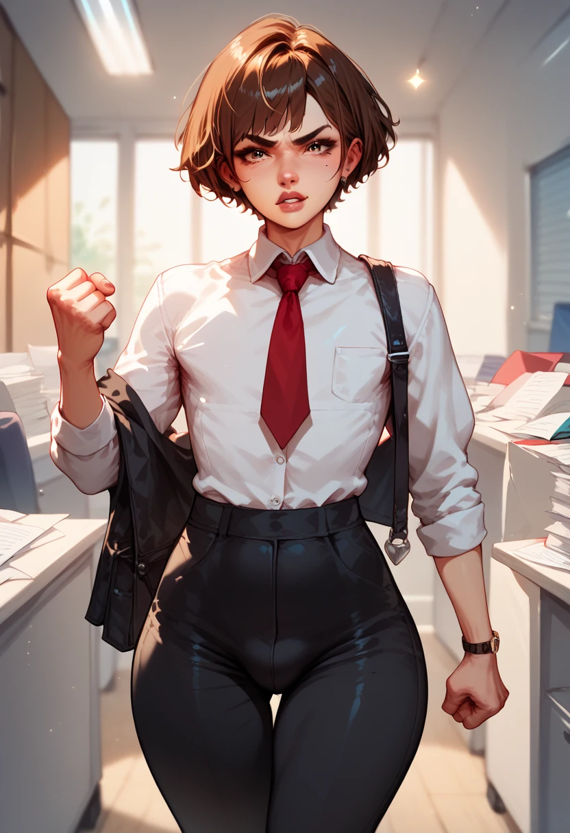 Femboy, short brown hair, big butt, black pants, office clothes, red tie, in a bad mood, hands turned into fist's, Arms along the body, looking at user, front view, office hallway, solo,