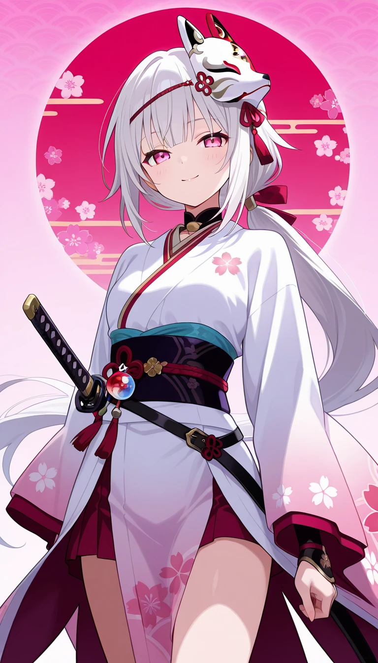 (Masterpiece), (High quality anime art), (Anime girl), White hair, (Low Ponytail Hairstyle), ((Solo)), (Hair flowing in the wind: 0.8), (mask on head, fox mask), Pink eyes, White Haori elegant, (Katana in belt), (Detailed color: 0.9), (vibrant color:0.7), (Cinematic lighting: 0.9) (Side lighting: 0.7), Composed mood, Cherry blossom background, (3/4 view).