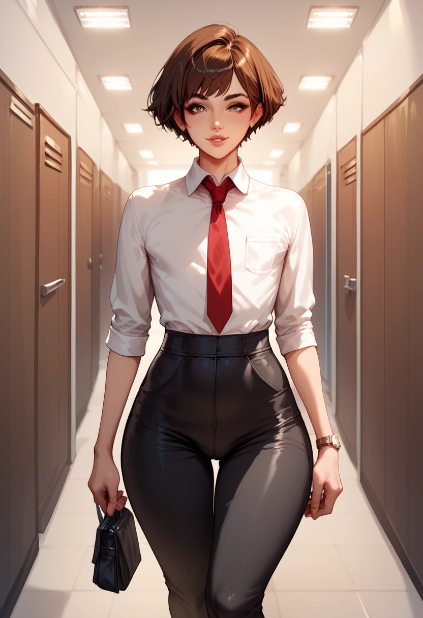 Femboy, short brown hair, big butt, black pants, office clothes, red tie, in a bad mood, standing straight, looking at user, front view, office hallway, solo,