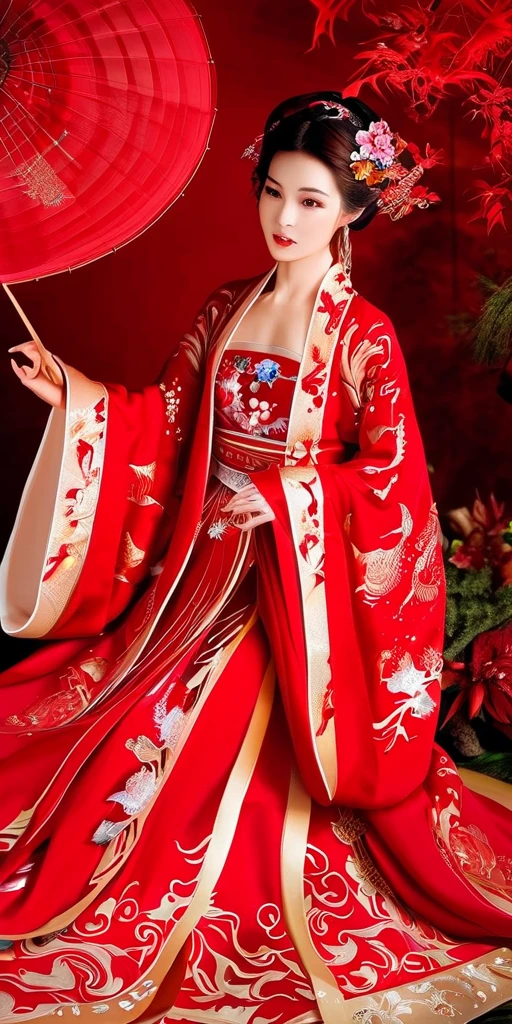  sexy girls ，Peerless Beauty，Chinese Hanfu，（Phoenix crown and bridal robe），Hideka clothes，beautiful hair accessories，（Guofeng Hanfu winter clothes ），New Year Background， is open to the audience，Left hand on waist，Right hand red lantern， New Year's Eve peaceful background， red festive atmosphere ， red lantern background ， Complex Clothing Textures ， rich clothing accessories ， long legs， master works， details enhance the levitation of ，The picture shows the full ，（ 32K ultra-high resolution ），Very clear