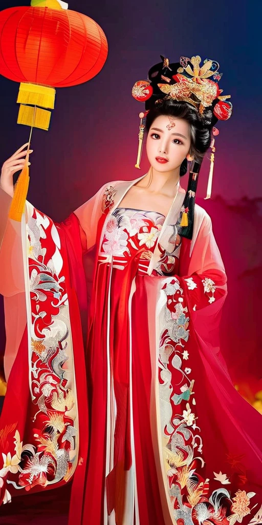  sexy girls ，Peerless Beauty，Chinese Hanfu，（Phoenix crown and bridal robe），Hideka clothes，beautiful hair accessories，（Guofeng Hanfu winter clothes ），New Year Background， is open to the audience，Left hand on waist，Right hand red lantern， New Year's Eve peaceful background， red festive atmosphere ， red lantern background ， Complex Clothing Textures ， rich clothing accessories ， long legs， master works， details enhance the levitation of ，The picture shows the full ，（ 32K ultra-high resolution ），Very clear