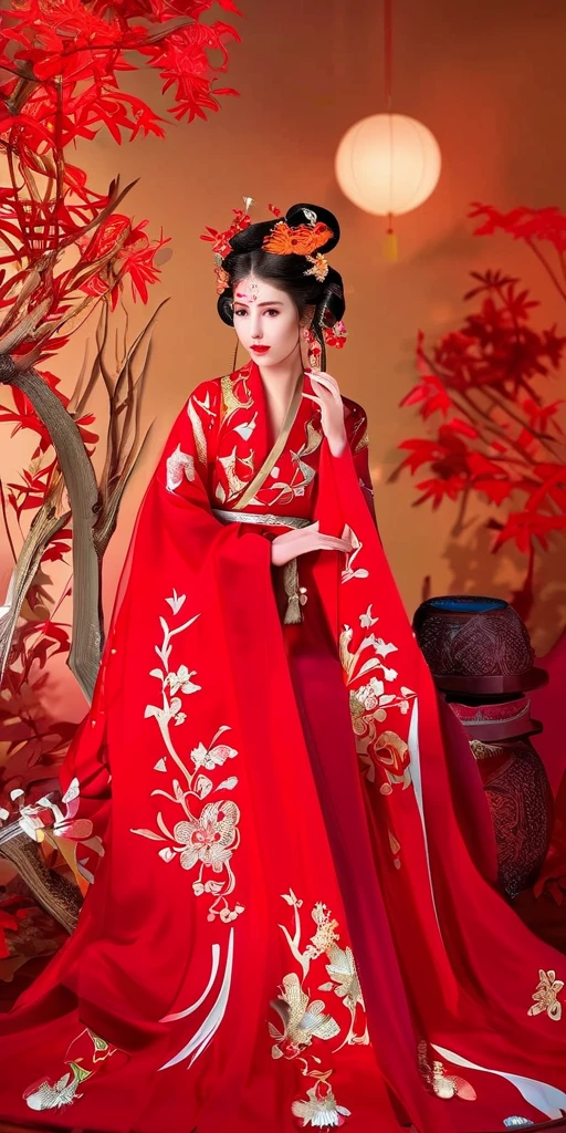  sexy girls ，Peerless Beauty，Chinese Hanfu，（Phoenix crown and bridal robe），Hideka clothes，beautiful hair accessories，（Guofeng Hanfu winter clothes ），New Year Background， is open to the audience，Left hand on waist，Right hand red lantern， New Year's Eve peaceful background， red festive atmosphere ， red lantern background ， Complex Clothing Textures ， rich clothing accessories ， long legs， master works， details enhance the levitation of ，The picture shows the full ，（ 32K ultra-high resolution ），Very clear