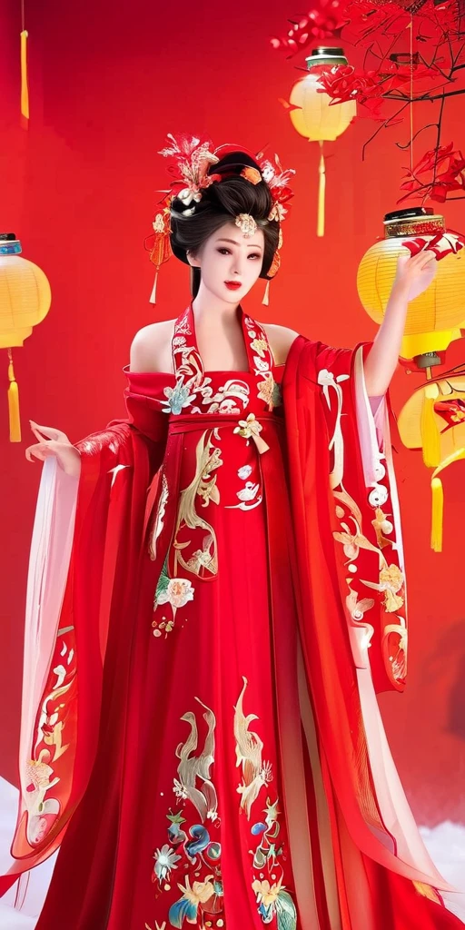  sexy girls ，Peerless Beauty，Chinese Hanfu，（Phoenix crown and bridal robe），Hideka clothes，beautiful hair accessories，（Guofeng Hanfu winter clothes ），New Year Background， is open to the audience，Left hand on waist，Right hand red lantern， New Year's Eve peaceful background， red festive atmosphere ， red lantern background ， Complex Clothing Textures ， rich clothing accessories ， long legs， master works， details enhance the levitation of ，The picture shows the full ，（ 32K ultra-high resolution ），Very clear